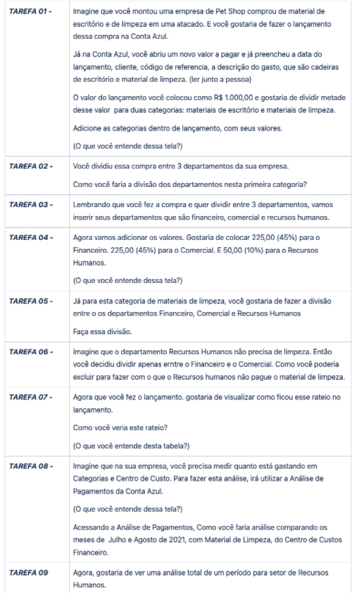 Roteiro de teste de usabilidade com 10 tarefas mapeando lançamento, rateio por departamento e análise de pagamentos na Conta Azul.