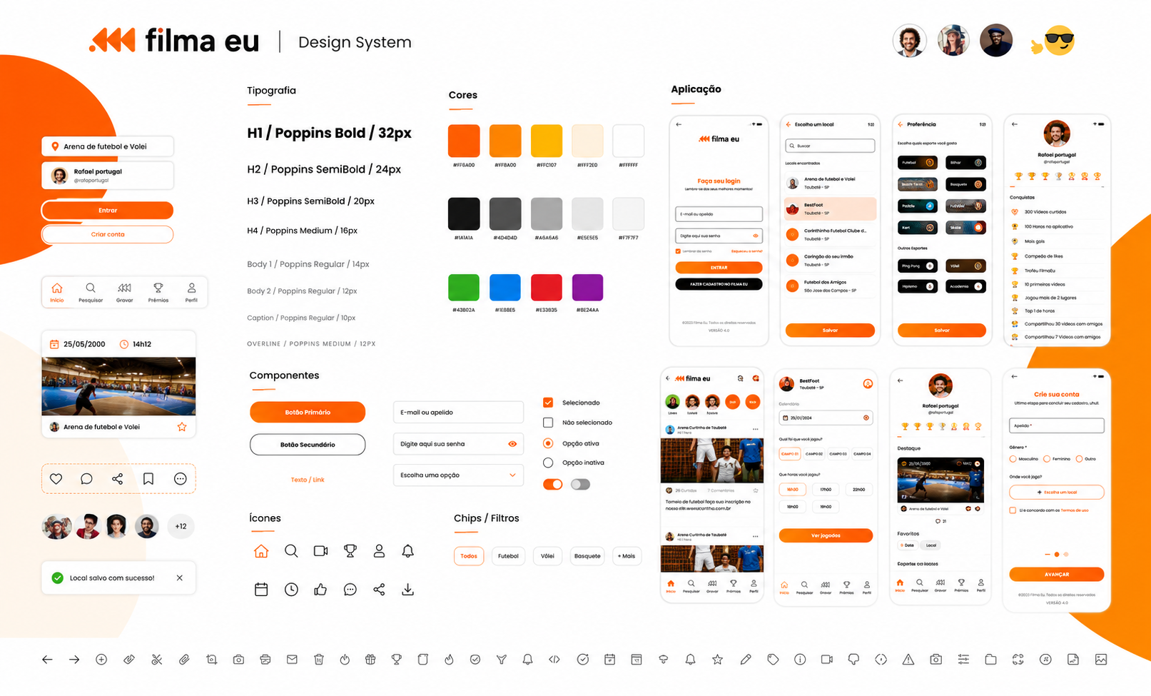 Design System do FilmaEu — tipografia Poppins, paleta laranja, componentes e telas de aplicação