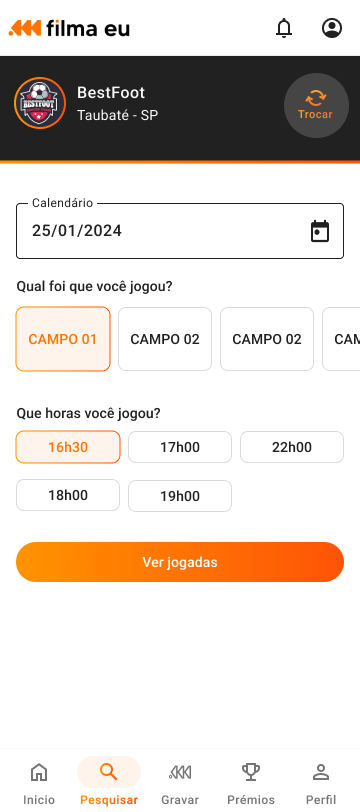 Tela de busca por data e horário
