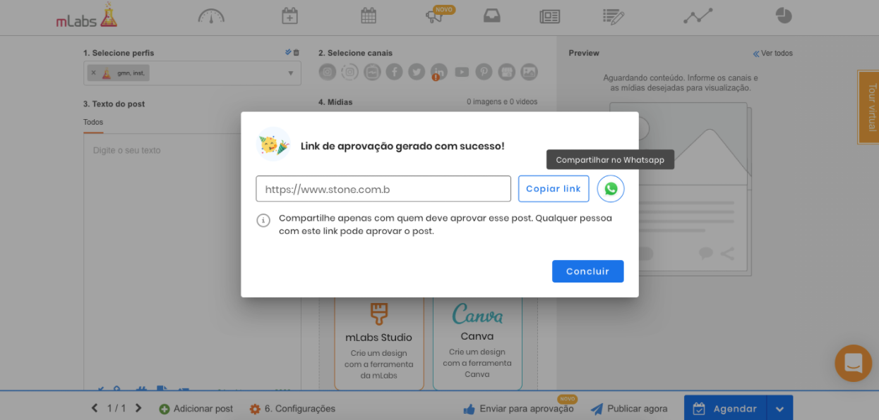 Modal de confirmação Link de aprovação gerado com sucesso, com botões de copiar link e compartilhar no WhatsApp.