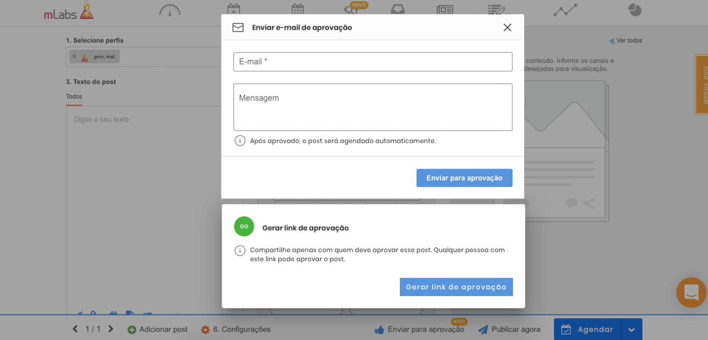 Protótipo do modal Enviar e-mail de aprovação ao lado do bloco Gerar link de aprovação dentro da tela de Agendamento da mLabs.